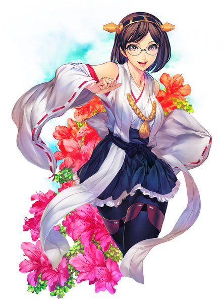 Anime picture 1184x1600 with kantai collection kirishima battleship simosi single tall image looking at viewer short hair open mouth brown hair brown eyes nontraditional miko girl dress hair ornament flower (flowers) detached sleeves glasses hairband