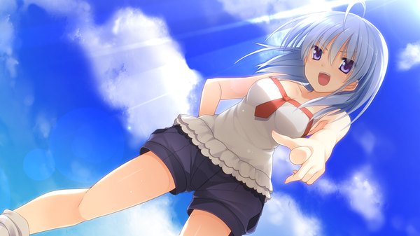 Anime picture 1920x1080 with imouto no katachi meta highres short hair blue eyes wide image game cg cloud (clouds) ahoge white hair pointing girl shorts