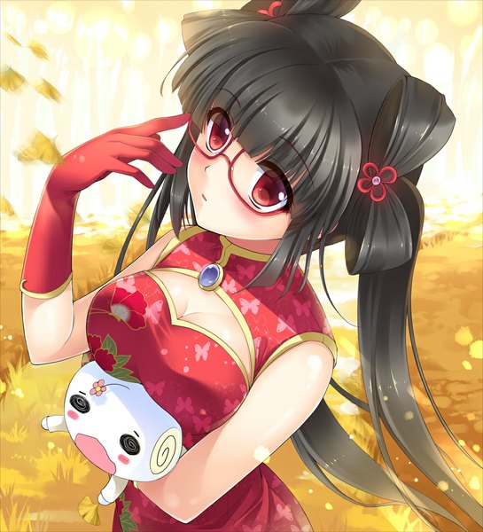 Anime picture 1000x1100 with original sousouman long hair tall image blush black hair red eyes twintails chinese clothes girl gloves glasses chinese dress