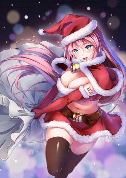 Anime picture 700x988 with vocaloid megurine luka bit (keikou syrup) single long hair tall image blush fringe breasts open mouth blue eyes light erotic hair between eyes large breasts pink hair zettai ryouiki snowing christmas girl thighhighs
