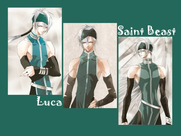Anime picture 1600x1200 with saint beast luca (houou) long hair simple background red eyes tail grey hair multiview column lineup boy detached sleeves bandana
