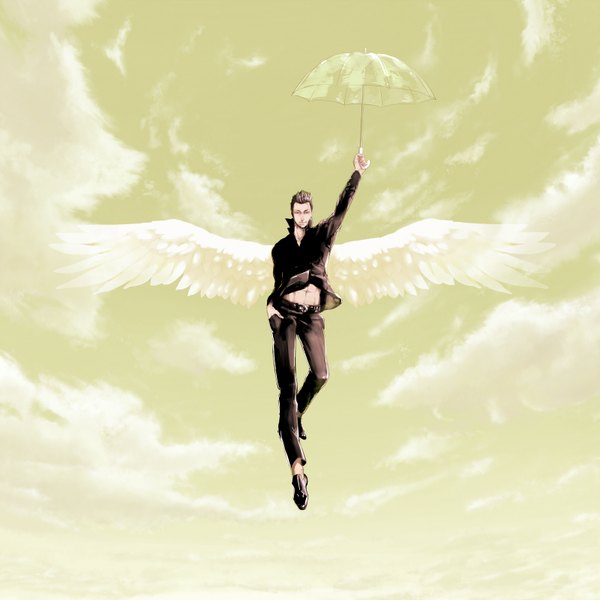Anime picture 3200x3200 with el shaddai lucifel (el shaddai) johnny lmd single highres short hair black hair smile red eyes absurdres sky cloud (clouds) flying angel wings hand in pocket boy navel shirt wings umbrella