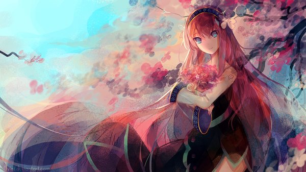 Anime picture 1920x1080 with vocaloid megurine luka lyiet single long hair looking at viewer fringe highres smile wide image holding pink hair sky head tilt hair flower wide sleeves tattoo girl hair ornament flower (flowers)