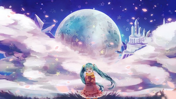 Anime picture 1192x670 with vocaloid hatsune miku itamidome single long hair open mouth wide image twintails cloud (clouds) aqua eyes aqua hair tears girl petals scarf star (stars) winter clothes mittens