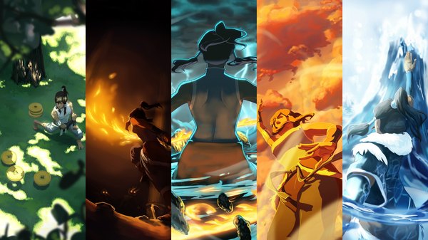 Anime picture 1920x1080 with avatar: the legend of korra korra long hair highres brown hair wide image sky cloud (clouds) wind from behind sunlight magic multiview lightning column lineup girl uniform plant (plants) tree (trees) water