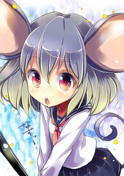 Anime picture 1018x1440 with touhou nazrin uta (kuroneko) single tall image looking at viewer blush short hair open mouth red eyes animal ears tail animal tail from above grey hair alternate costume mouse ears mouse tail girl uniform