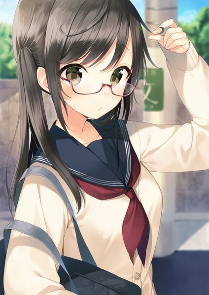 Anime picture 566x800 with original midorikawa you single long hair tall image looking at viewer blush fringe brown hair twintails brown eyes sunlight adjusting hair street girl uniform plant (plants) tree (trees) glasses serafuku