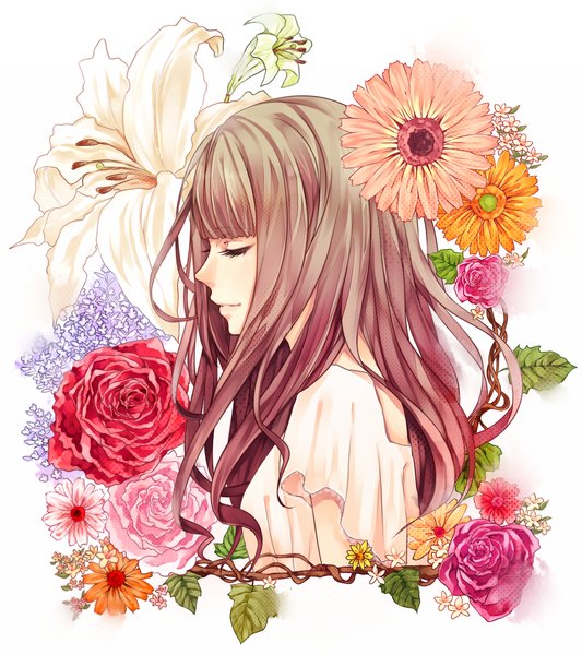 Anime picture 1155x1300 with original wakatsuki you single long hair tall image white background brown eyes eyes closed profile girl dress flower (flowers)