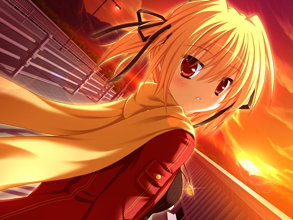 Anime picture 1200x900 with clover point takanashi yaya single blonde hair red eyes game cg evening sunset girl scarf