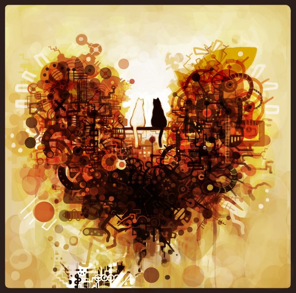 Anime picture 1251x1242 with original kamin (pixiv) couple border abstract animal heart cat