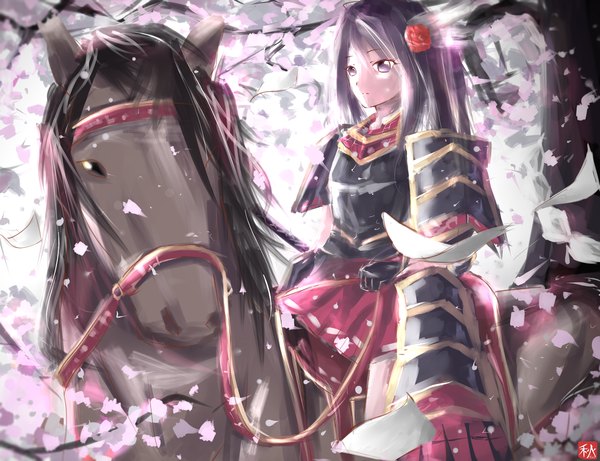 Anime picture 2600x2000 with original pixiv fantasia tom 23579 single long hair looking at viewer fringe highres sitting purple eyes purple hair hair flower sunlight cherry blossoms girl dress gloves hair ornament flower (flowers) plant (plants)