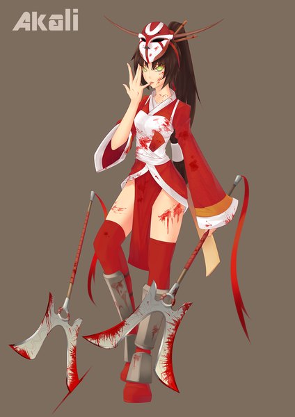 Anime picture 1378x1949 with league of legends akali (league of legends) single long hair tall image looking at viewer brown hair green eyes ponytail grey eyes finger to mouth mask on head girl thighhighs weapon blood mask