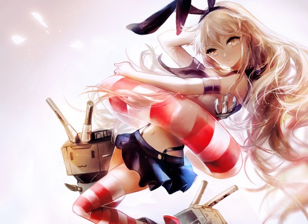 Anime picture 1200x875 with kantai collection shimakaze destroyer rensouhou-chan juexing (moemoe3345) long hair looking at viewer blonde hair yellow eyes zettai ryouiki :3 > < girl thighhighs skirt gloves hair ornament underwear panties ribbon (ribbons) weapon
