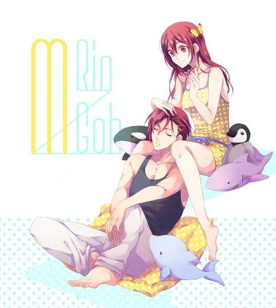 Anime picture 1570x1753 with free! kyoto animation matsuoka rin matsuoka gou mitui321 long hair tall image short hair simple background smile red eyes brown hair white background sitting red hair eyes closed barefoot sleeping polka dot polka dot background