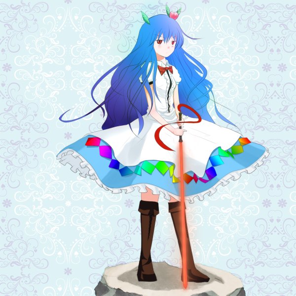 Anime picture 1200x1200 with touhou hinanawi tenshi lechat single long hair fringe hair between eyes red eyes standing blue hair full body no hat girl dress sword bowtie knee boots