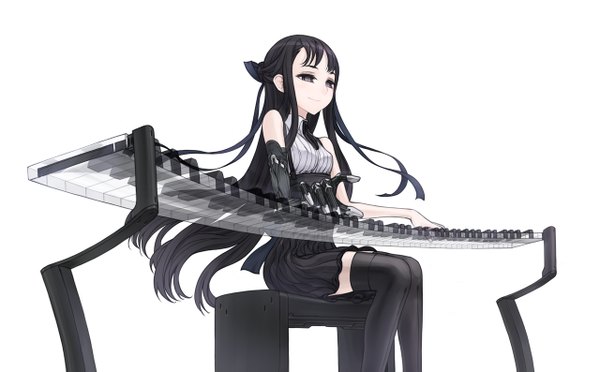 Anime picture 1280x794 with original kazuoki single long hair black hair simple background wide image white background sitting black eyes girl thighhighs black thighhighs musical instrument