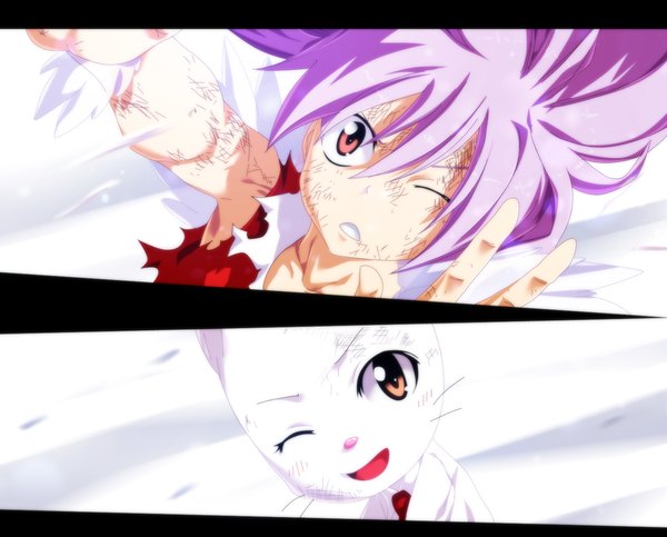 Anime picture 1400x1129 with fairy tail wendy marvell charle (fairy tail) ironizer long hair open mouth smile white background brown eyes pink hair one eye closed pink eyes wink loli coloring torn clothes manga girl animal cat