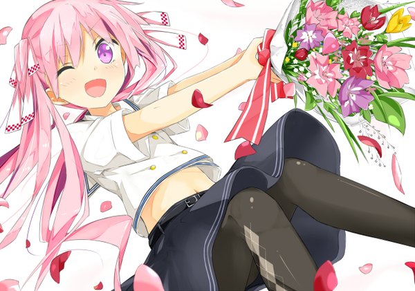 Anime picture 1280x900 with original kitsune (scaz) single long hair open mouth purple eyes twintails pink hair one eye closed wink outstretched hand rhombus girl skirt flower (flowers) ribbon (ribbons) hair ribbon miniskirt petals serafuku