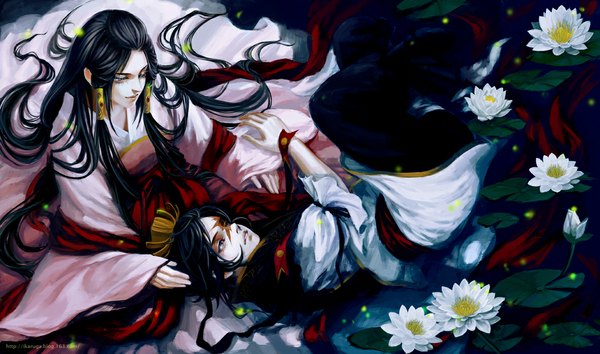 Anime picture 1185x700 with magi the labyrinth of magic a-1 pictures ren hakuryuu ren hakuei sun dou long hair short hair black hair wide image sitting signed lying traditional clothes grey eyes scar brother and sister girl boy flower (flowers) water