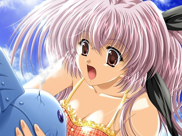Anime picture 1024x768 with sky (game) futaba karin akira (usausa) single long hair brown eyes pink hair game cg girl