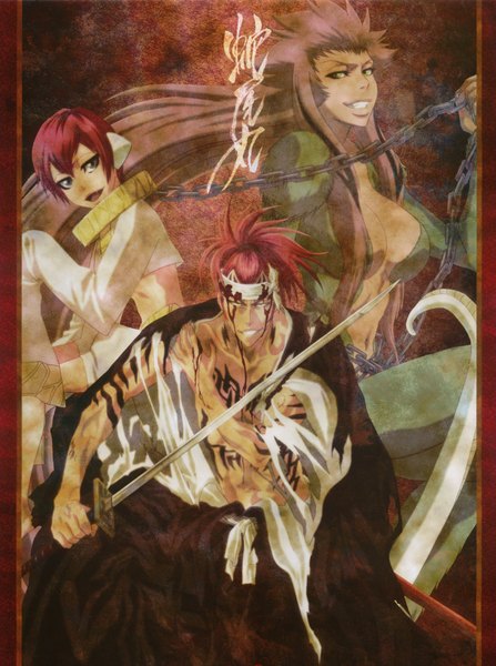 Anime picture 2841x3811 with bleach studio pierrot abarai renji tall image highres red hair japanese clothes tattoo group framed girl boy sword katana blood chain