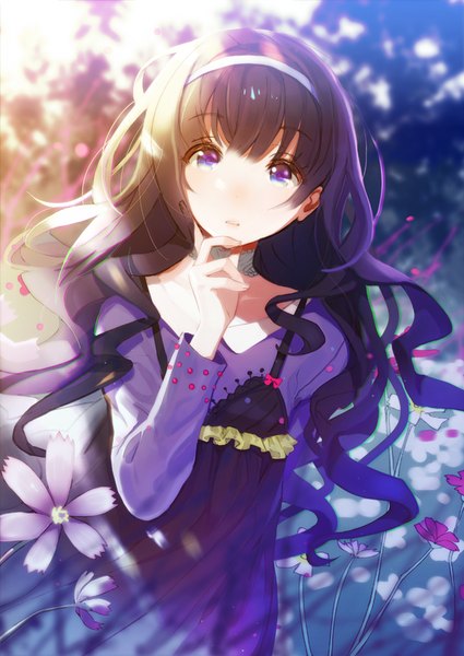Anime picture 614x867 with original lloule single long hair tall image looking at viewer fringe open mouth black hair purple eyes payot outdoors blunt bangs long sleeves head tilt multicolored hair sunlight blurry :o lens flare