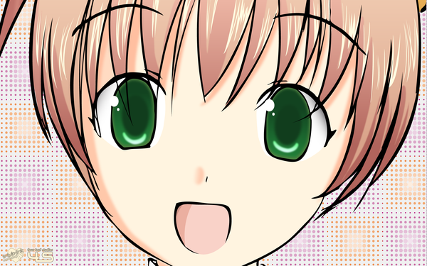 Anime picture 2560x1600 with katawa shoujo ibarazaki emi single highres open mouth smile brown hair wide image green eyes :d close-up girl