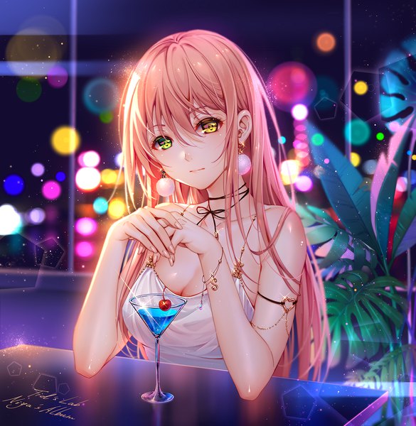 Anime picture 1463x1500 with original niya tidsean single long hair tall image looking at viewer blush fringe breasts hair between eyes sitting bare shoulders green eyes yellow eyes pink hair cleavage upper body fingernails sparkle