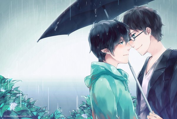 Anime picture 900x606 with ao no exorcist a-1 pictures okumura rin okumura yukio raveeoftitans blush short hair black hair green eyes profile aqua eyes light smile pointy ears multiple boys rain face to face siblings eye contact twins shounen ai