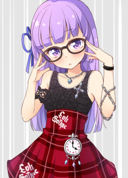 Anime picture 753x1050 with aikatsu! hikami sumire tokunou shoutarou single long hair tall image looking at viewer blush fringe open mouth simple background standing purple eyes purple hair head tilt shiny skin striped surprised adjusting glasses striped background