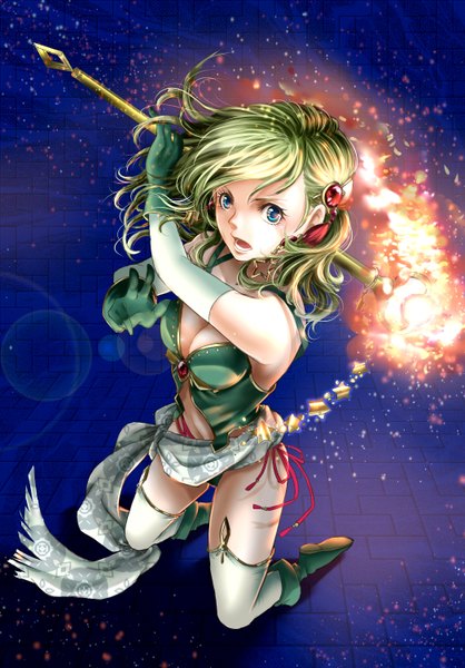 Anime picture 1048x1504 with final fantasy square enix rydia time-flies (artist) single tall image highres open mouth blue eyes bare shoulders cleavage green hair blue background girl thighhighs gloves petals elbow gloves star (stars) staff
