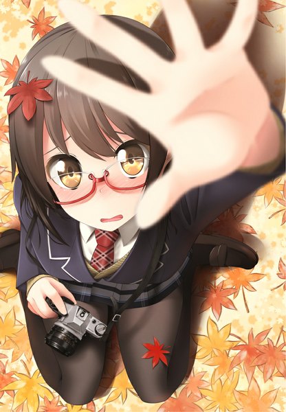 Anime picture 724x1044 with original nekobaka single tall image looking at viewer blush short hair open mouth black hair sitting brown eyes arm up from above wariza girl skirt uniform school uniform glasses leaf (leaves)