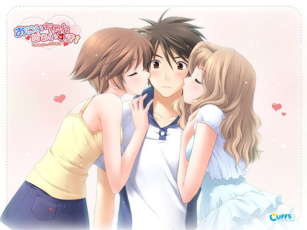Anime picture 1600x1200 with oniichan daaisuki! yuuki mitsuru wallpaper kiss cheek kiss double cheek kiss tagme hazuki rio hazuki mao