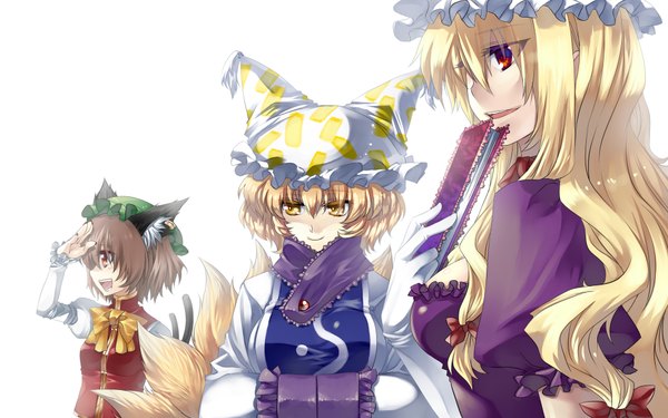 Anime picture 1920x1200 with touhou yakumo yukari yakumo ran chen esythqua long hair highres short hair open mouth blonde hair red eyes brown hair wide image multiple girls animal ears yellow eyes cat ears fox tail multiple tails girl