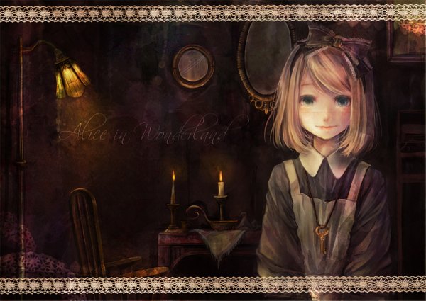 Anime picture 1300x922 with alice in wonderland alice (wonderland) aka tonbo (lovetow) single blush short hair blonde hair light smile inscription text english girl bow hair bow apron chair lamp candle (candles) mirror key