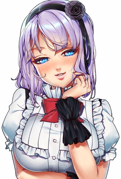 Anime picture 1148x1697 with dagashi kashi feel (studio) shidare hotaru rakkou single tall image looking at viewer blush fringe short hair breasts blue eyes simple background large breasts white background purple hair upper body parted lips lips puffy sleeves