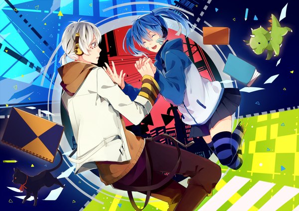 Anime picture 2000x1412 with kagerou project shaft (studio) ene (kagerou project) konoha (kagerou project) jiman long hair fringe highres short hair open mouth holding bent knee (knees) ponytail eyes closed pleated skirt aqua hair open clothes open jacket zettai ryouiki holding hands