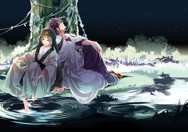Anime picture 1291x905 with magi the labyrinth of magic a-1 pictures ja'far (magi) sinbad (magi) roko (artist) long hair short hair sitting green eyes yellow eyes purple hair barefoot light smile grey hair night multiple boys night sky couple looking down light