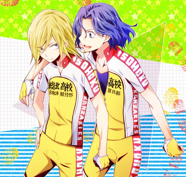 Anime picture 900x857 with yowamushi pedal teshima junta aoyagi hajime kushimori short hair open mouth blonde hair purple eyes looking away purple hair profile multiple boys hand on hip footprints boy gloves uniform fingerless gloves star (symbol) 2 boys