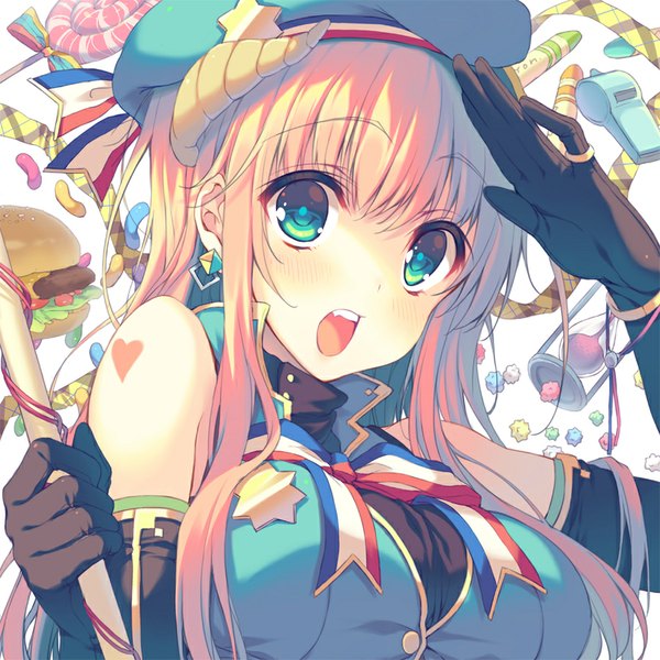 Anime picture 900x900 with original reia long hair looking at viewer blush breasts open mouth blue eyes large breasts pink hair horn (horns) teeth fang (fangs) girl gloves hat black gloves food sweets ring