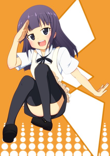 Anime picture 2894x4093 with working!! a-1 pictures yamada aoi single long hair tall image blush highres open mouth looking away purple hair full body black eyes outstretched arm waitress tsurime girl thighhighs skirt black thighhighs