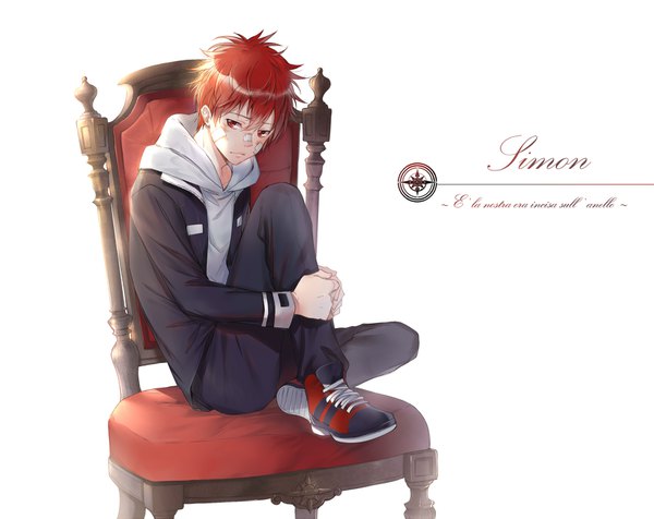 Anime picture 1733x1375 with katekyou hitman reborn enma kozato ekita xuan single looking at viewer fringe highres short hair simple background hair between eyes red eyes white background sitting full body red hair character names leg hug bandaid on face bandaid on nose boy