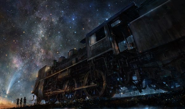 Anime picture 2000x1178 with original iy (tsujiki) highres wide image multiple girls night multiple boys scenic silhouette shooting star ambiguous gender girl boy plant (plants) star (stars) grass people telescope steam locomotive