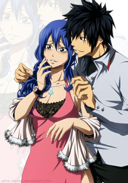 Anime picture 700x1003 with fairy tail gray fullbuster juvia lockser arya-aiedail long hair tall image blush short hair black hair smile blue hair black eyes couple tears zoom layer girl dress boy shirt pendant