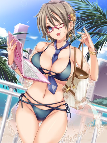Anime picture 960x1281 with original moneti (daifuku) single tall image looking at viewer short hair breasts open mouth blue eyes light erotic large breasts one eye closed grey hair wink ass visible through thighs girl navel swimsuit bikini glasses