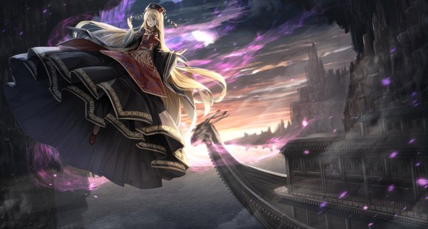 Anime picture 1681x900 with touhou junko (touhou) ryosios single looking at viewer fringe breasts open mouth blonde hair hair between eyes red eyes wide image cloud (clouds) outdoors long sleeves very long hair traditional clothes sunlight wide sleeves arms up