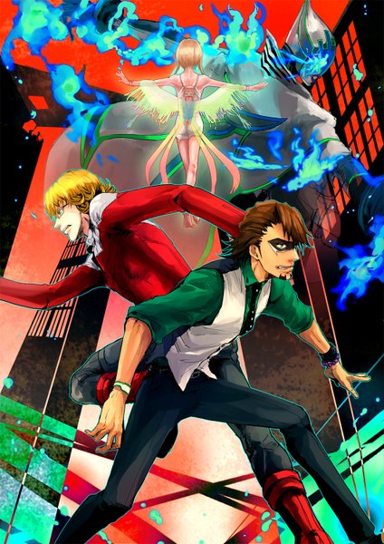 Anime picture 1060x1500 with tiger & bunny sunrise (studio) kaburagi t. kotetsu barnaby brooks jr. lunatic (tiger & bunny) akebi miso tall image short hair blonde hair brown hair looking away sky profile barefoot from behind multiple boys spread arms transparent curly hair red sky