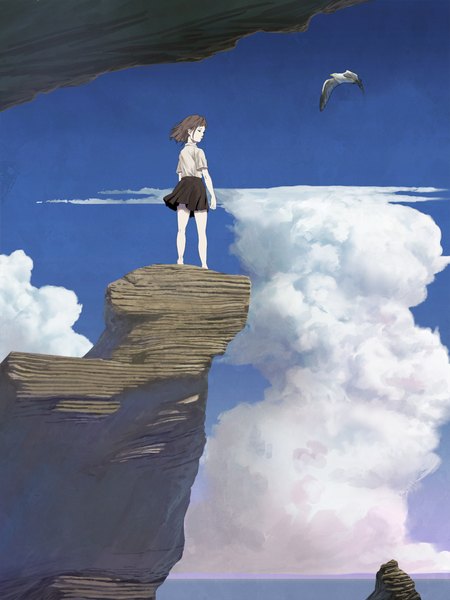Anime picture 1536x2048 with original topipan single tall image short hair brown hair sky cloud (clouds) looking back barefoot from behind scenic rock girl uniform school uniform animal water sea bird (birds)