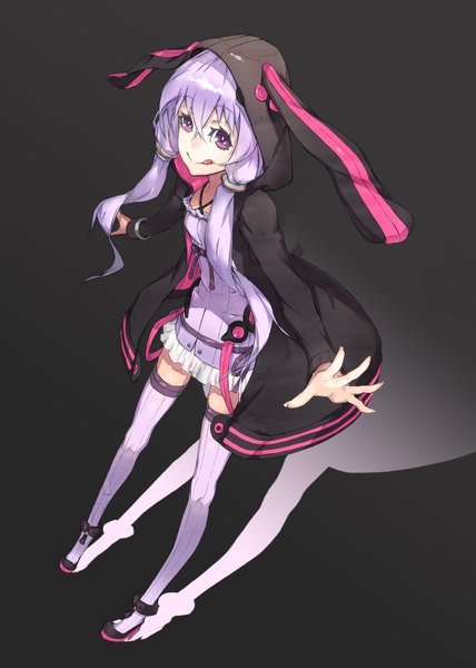 Anime picture 1200x1680 with vocaloid yuzuki yukari yucca-612 (neco) single long hair tall image looking at viewer smile purple eyes twintails animal ears purple hair open clothes open jacket shadow low twintails black background spread arms girl thighhighs