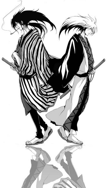 Anime picture 1024x1791 with nurarihyon no mago nura rikuo tall image white background japanese clothes monochrome reflection smoking back to back boy weapon sword katana pipe kiseru